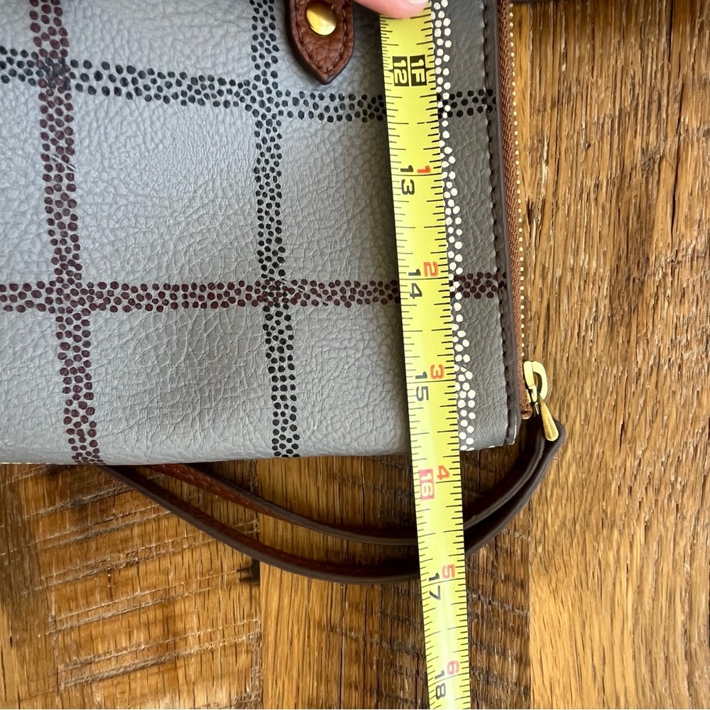 Fossil Rachel Zip Top Tote Gray Plaid Shoulder Bag Brown Leather Trim NWOT - Picture 9 of 10